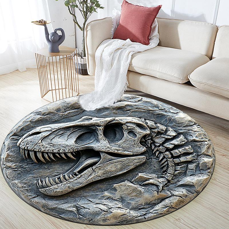 Dinosaur Skull Round Area Rug,Carpet Rug for Living Room Bedroom Sofa Playroom Decor,Non-slip Floor Mat