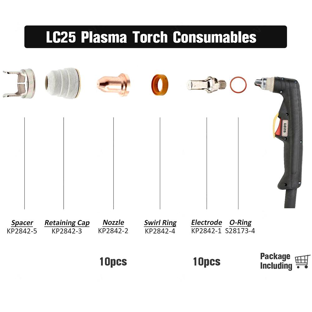 20pcs Plasma Cutter Electrodes KP2842-1 Tips KP2842-2 For LC25 Torch Plasma Cutter Accessories Welding Tool Electrode Nozzle Tip