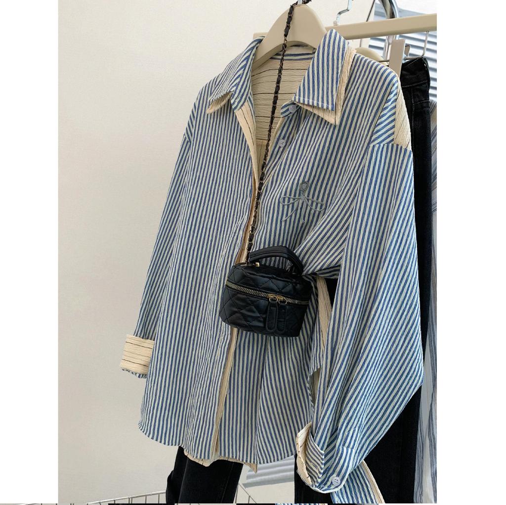 Striped Front Shoulder Fake Two-piece Shirt Jacket for Women In Autumn and Winter, Korean Style High-end Feeling, Short Long Sleeved Shirt Top