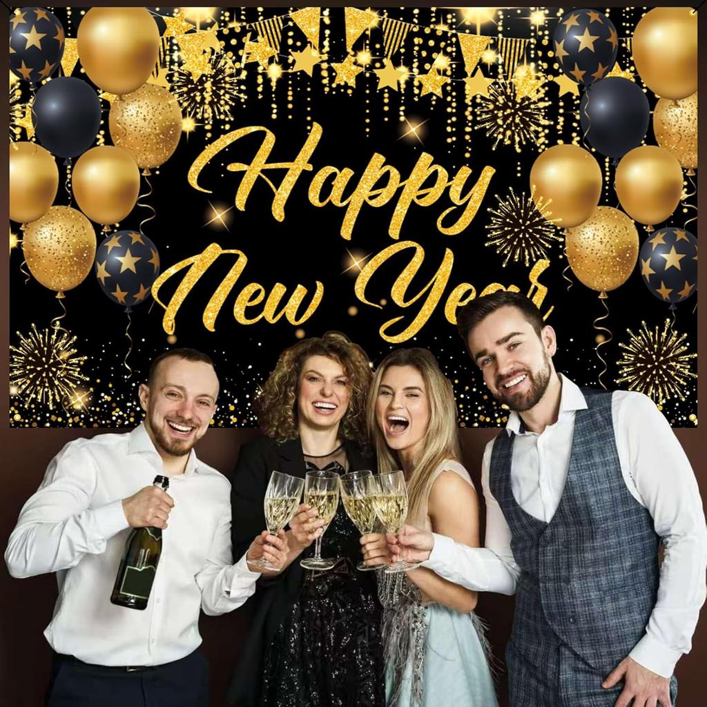 Large New Years Eve Banner, Black Gold Happy New Year 2026 Banner Backdrop, NYE Birthday Party Decorations Photo Background for Friend, Family,