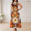 Women s Plus Size Round Neck Triple Keyhole Sleeveless Halloween Pumpkin Printed Long Dress