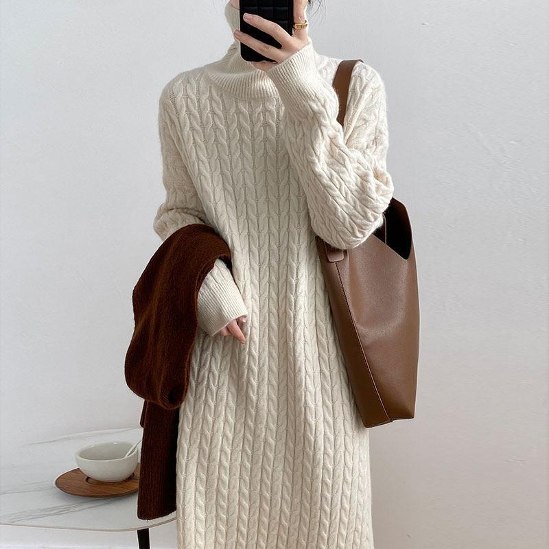 Autumn and Winter Turtleneck Long Twist Knitted Skirt Women's Loose Thickened Warm Sweater Skirt Knee Dress Tide