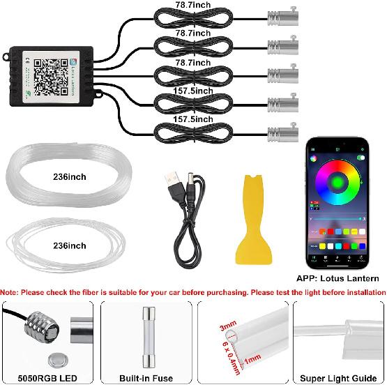 Interior Car Lights With Wireless APP And Remote Control, 5 In 1 RGB Ambient Lighting Kit With 236 Inches Fiber Optic, 16 Million Colors Car Neon