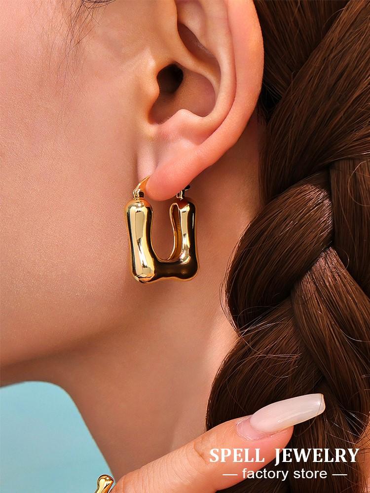 Unique Square Earrings In Stainless Steel With 18k Gold Plated Waterproof Non Tarnish Chunky Hoop Earrings For Women