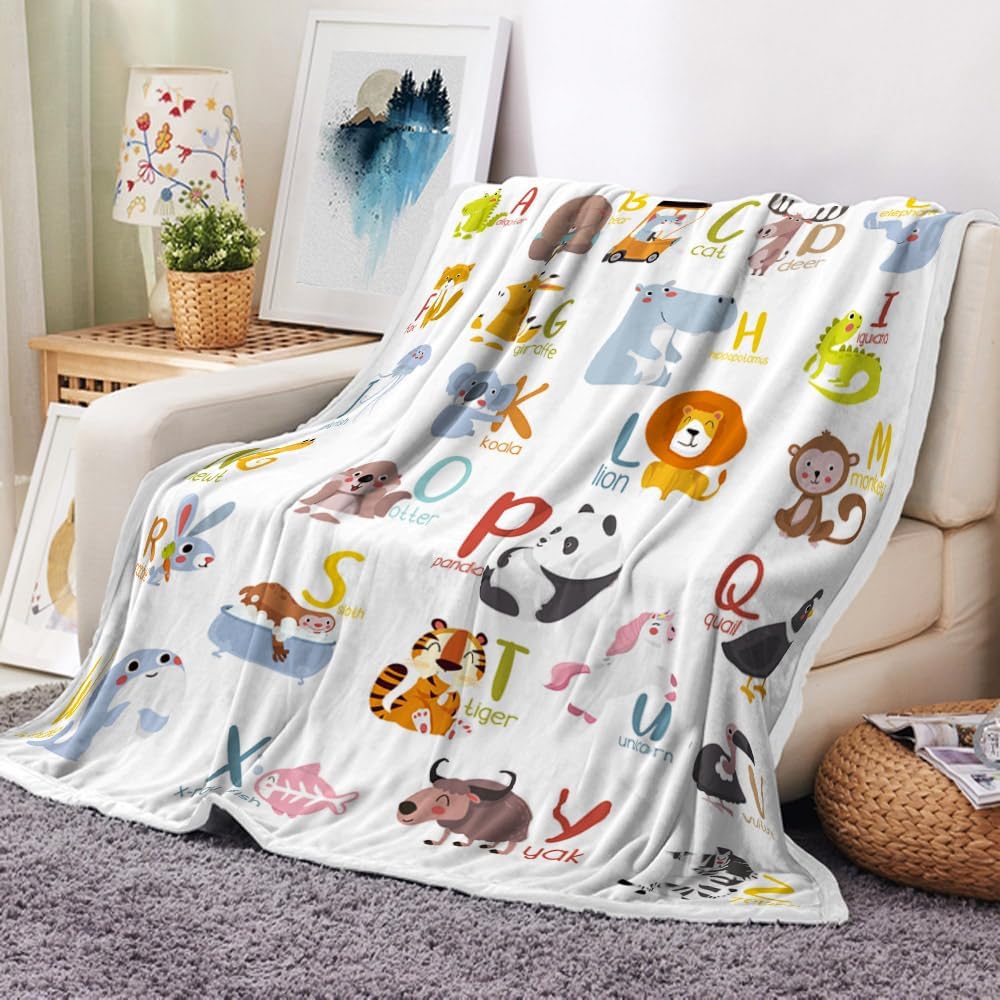 Animal Throw Blankets for Kids, Alphabet Learning Throw Blankets,Nursery Giraffe Zebra Monkey Cartoon Fleece Throw Blanket Kids 75X95CM