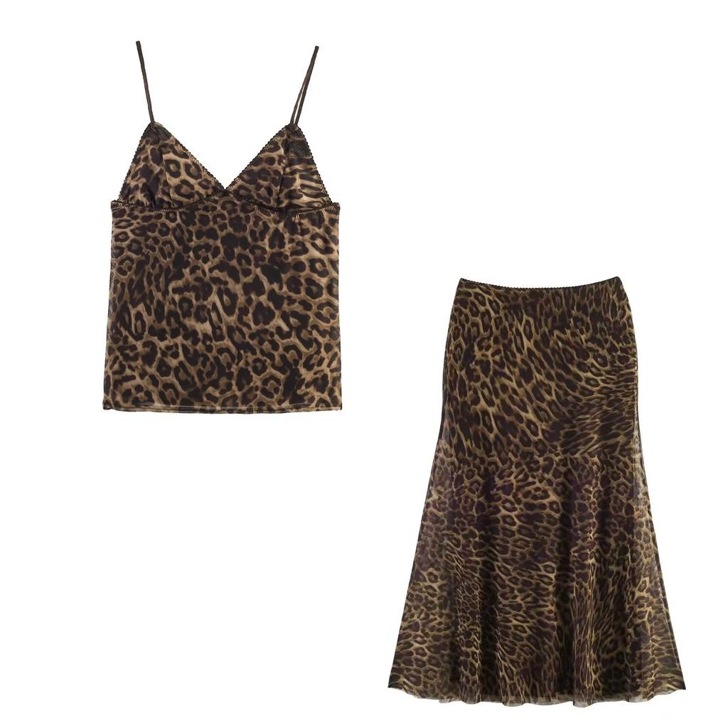 Stile europeo e americano moda donna francese top in rete di seta stampata con motivo animalier + gonna in rete di seta stampata