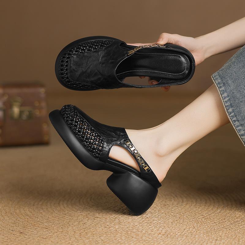 

Stepping on shit feeling Baotou thick-soled sandals women s leather hollow half-mop 2025 new summer woven mesh high-heeled slippers 35 чёрный