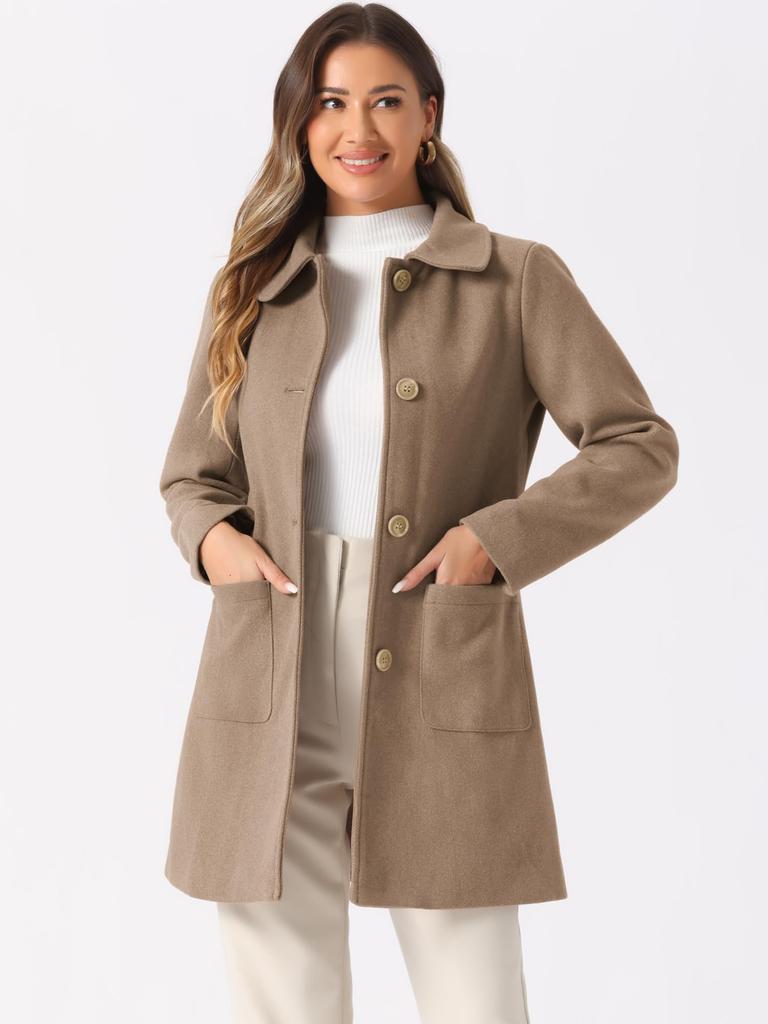 Allegra K Women's Chesterfield Coat, Fall/Winter, Lapel Long Coat, Overcoat, Winter Warmth, Dark Beige, Size S