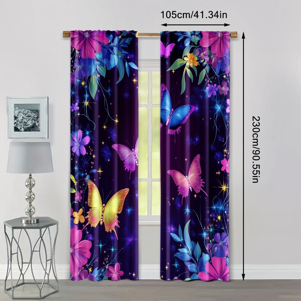 2pcs   Creative Curtains Modern Dream Luminous Blue Purple Butterfly Versatile Polyester Fabric (without rod) Decorations Outdoor
