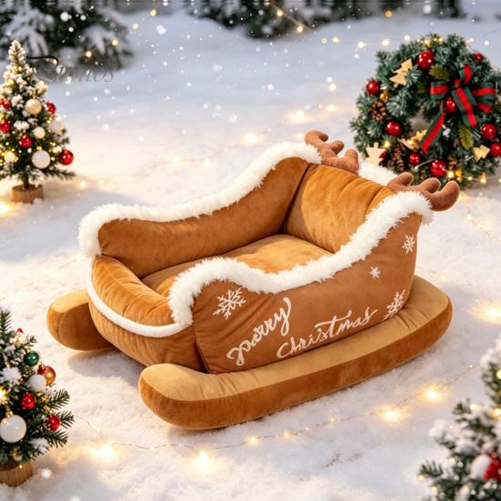 Plush Puppy Bed for Indoor Use Christmas Sleigh Dog with Non Slip Base, Calming Pet Sofa Durable Cats Outdoor, Fun House Puppies Pressure Relief