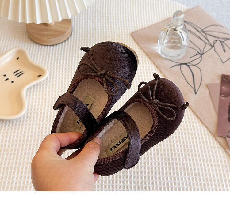 Autumn/Winter Girls' Bow Cotton Baby Flats, Versatile Velvet Low-Cut Princess Shoes