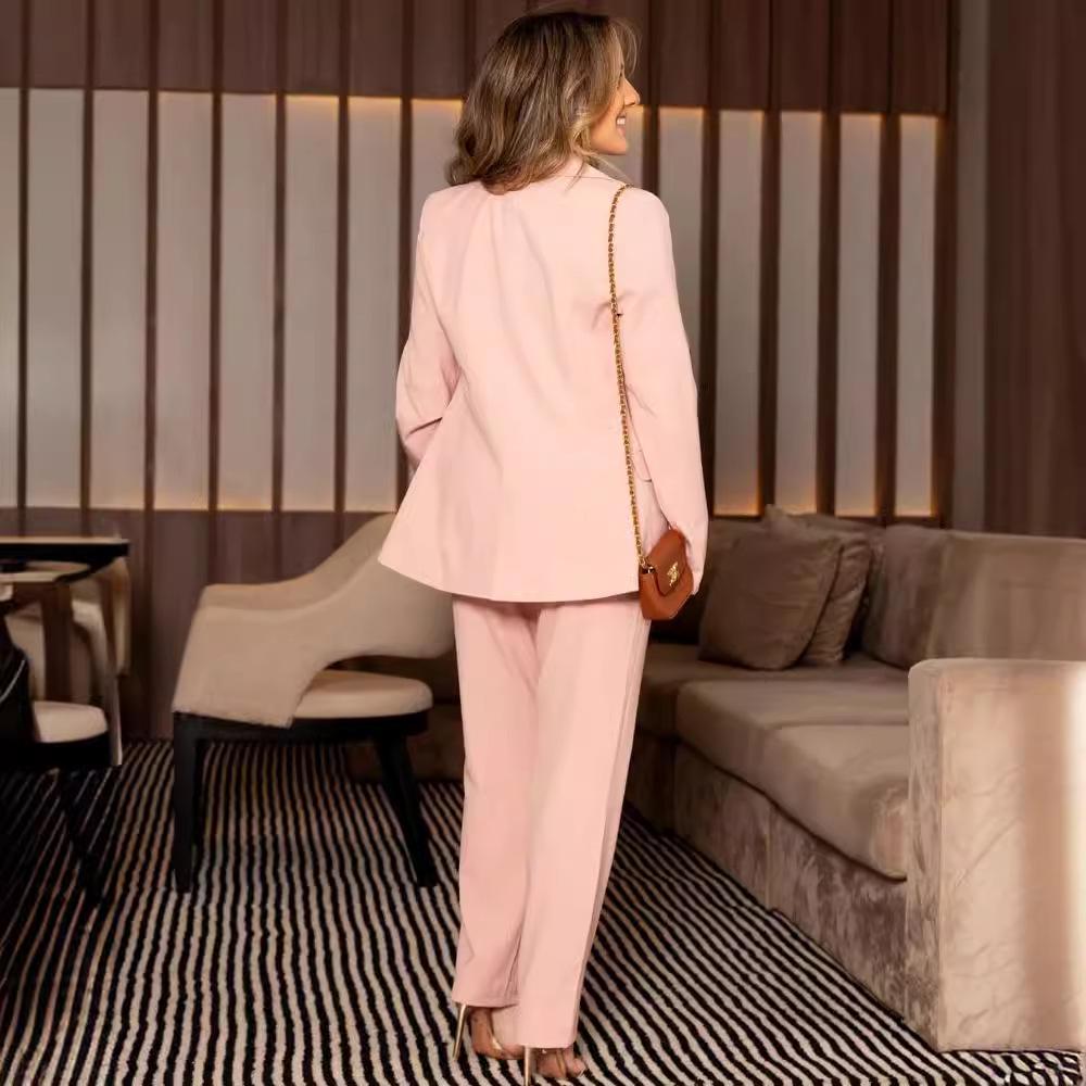 2024 Autumn Women's Solid Color Lapel Suit & Long Pants Two-Piece Set