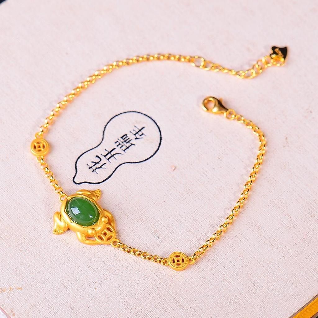 Natural Hetian Jade Golden Toad Bracelet with Inlaid Stones for Good Fortune
