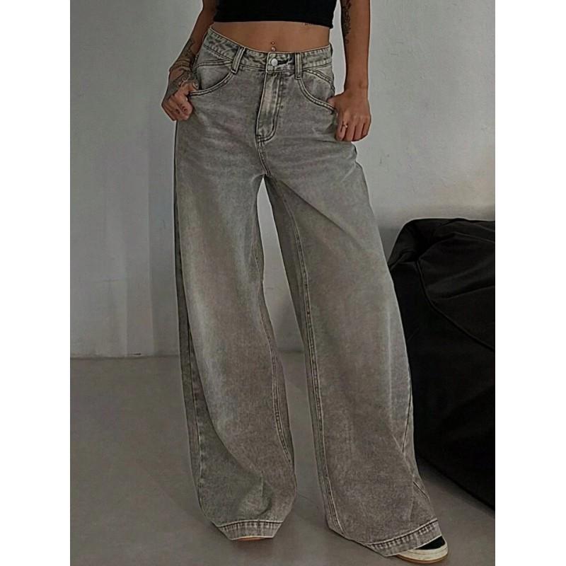 High-Waisted Wide-Leg Straight Jeans Women 2025 Retro Denim Pants Loose Fit Cotton Blend
