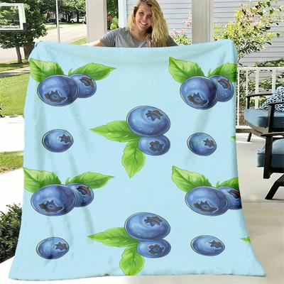 Blueberry Print Flannel Blanket Soft, Plush Polyester Throw for Sofa, Bed, Or Camping Contemporary Home Decor with Vibrant Blueberry & Leaf Design, Al