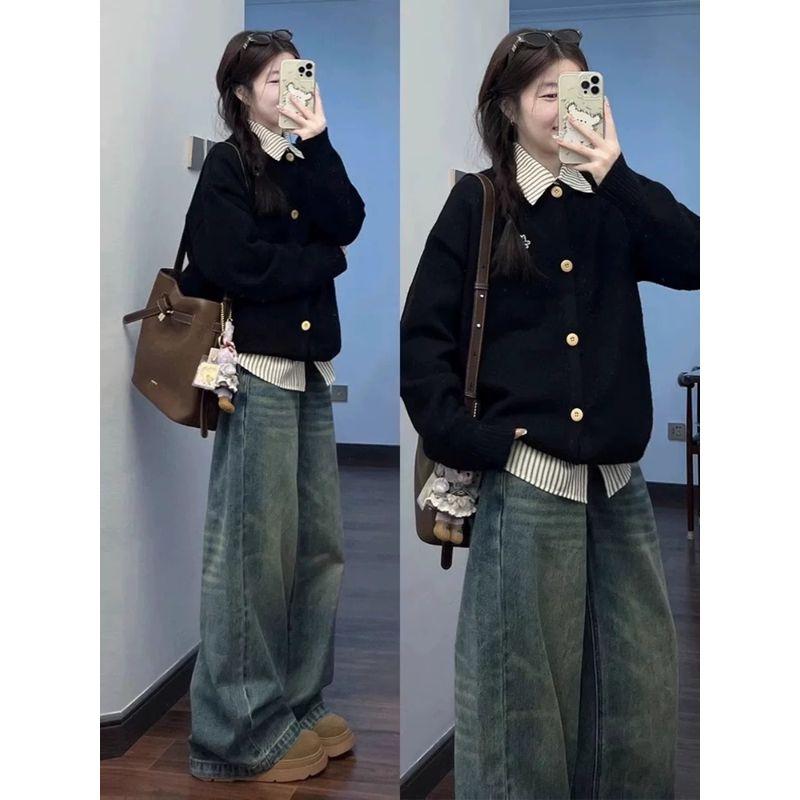 

Korean Series Shirts Polo Collar High-Grade Fake Two-Piece Sweater Women s Coat Spring, Autumn and Winter Lazy Preppy Knit cardigan Black S