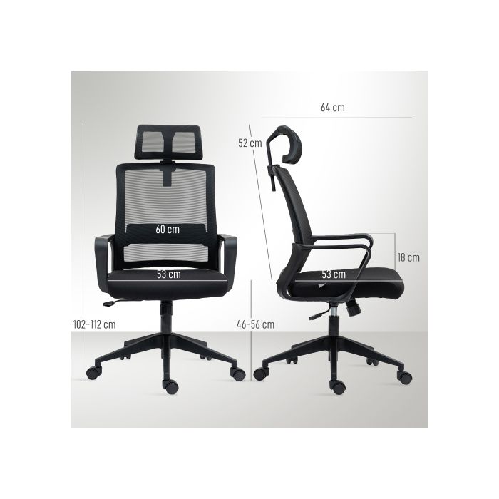 Chaise de bureau - MUVOE - Noir - Accoudoirs - Appui-tête réglable - Pivotante 360°