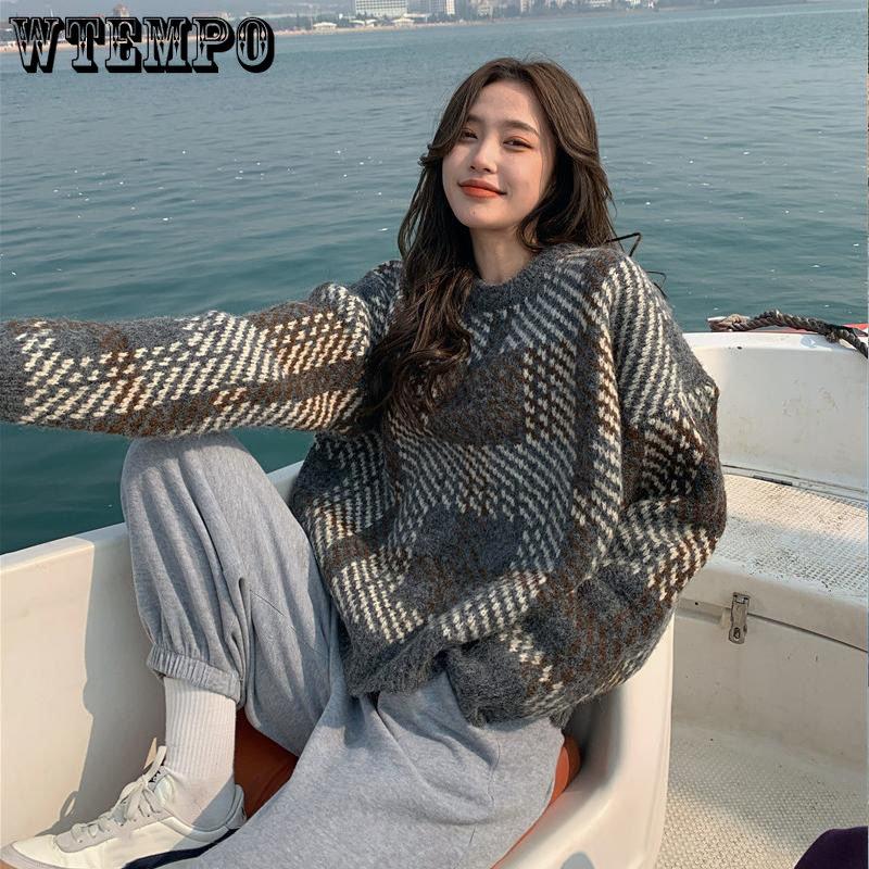 WTEMPO Soft Women's Autumn and Winter  New Plaid Retro Y2K Loose Lazy High-end Sense of Temperament Sweaters
