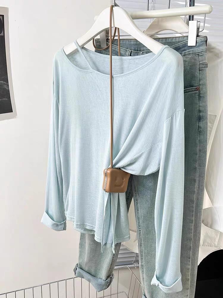 Women's Blue Off-the-Shoulder Sun Protection Long-Sleeve T-Shirt, Summer Loose Fit Cover-Up Top