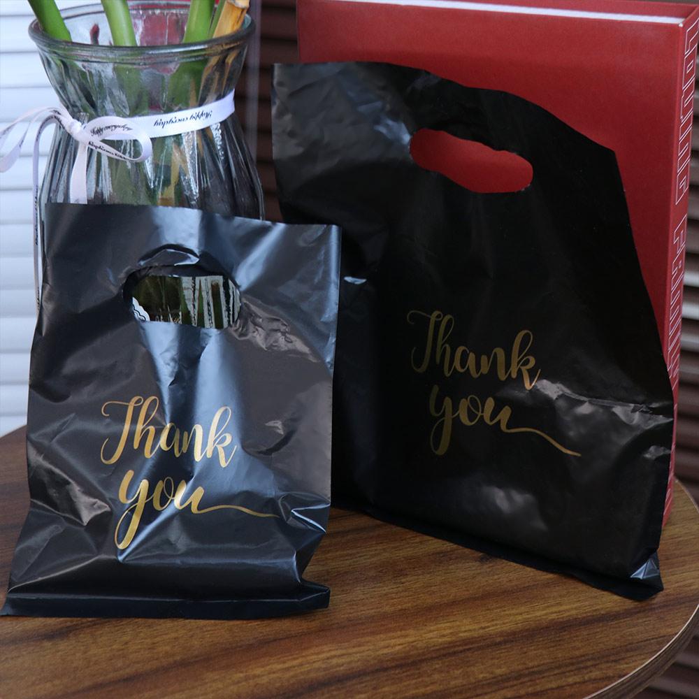 100 Pcs Waterproof Thank You Packaging Bag with Handle Shopping Bag Plastic Thank You Bags Cookie