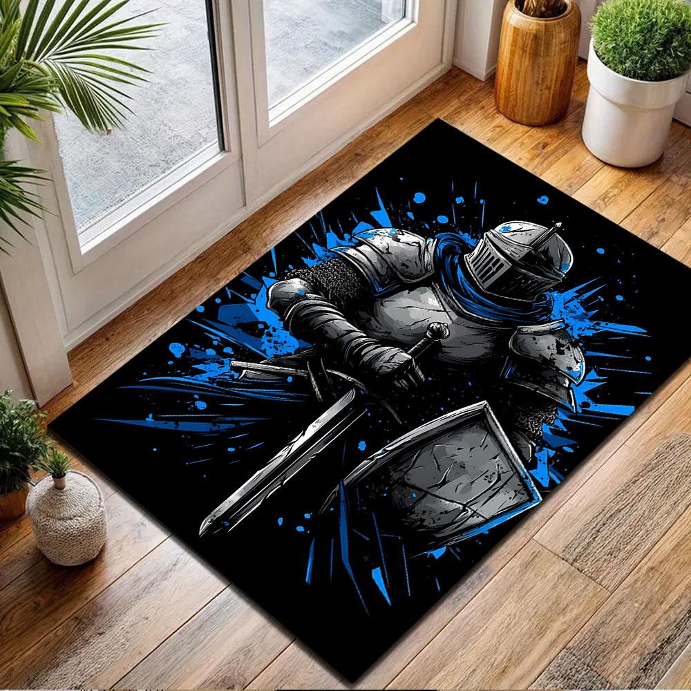 Knight In Shining Armor with Shield Patterned Carpet, Non Slip Mat Suitable for Living Room and Bedroom Sofas