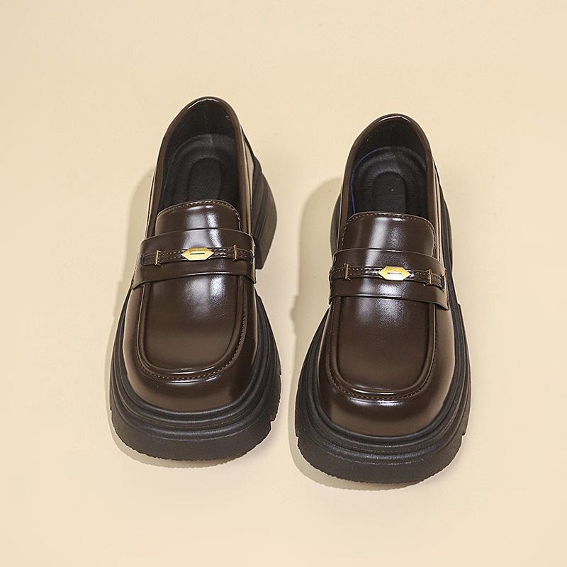 

New uniform small leather shoes for women in autumn 2025, new thick-heeled single shoes with heightened thick soles, black one-pedal loafers for women 40 коричневый
