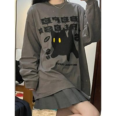 Футболки з котом у стилі гранж, жіночі Harajuku, корейська мода, великі футболки з довгими рукавами, жіночі хіп-хоп, вінтаж, сірий вільний топ