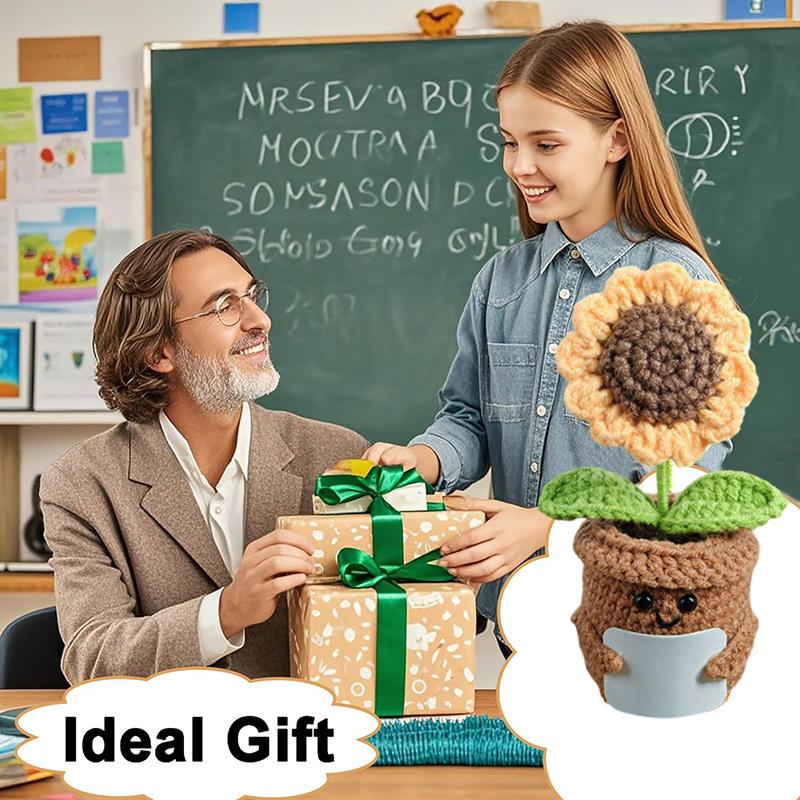 Crochet Flowers Potted Valentine's Day Gift Woven Sunflowers Crochet Ornament with DIY Note Card Desk Ornament Birthday Gift