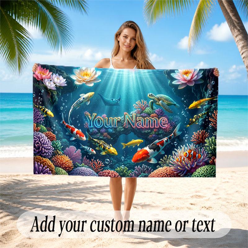 Fish Ocean Theme Beach Towel Personalized Custom Name & Text Soft Quick Dry Beach Towel for Swimming Travel
