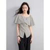 Womens Plaid Off-Shoulder Ruffle Collar Button Down Blouse