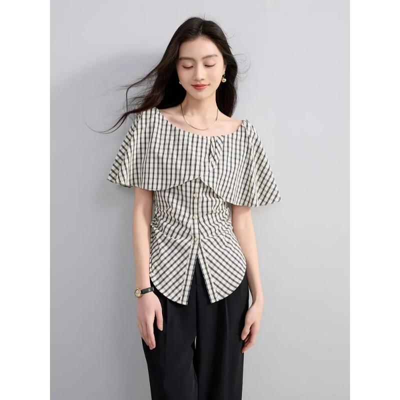 

Womens Plaid Off-Shoulder Ruffle Collar Button Down Blouse L чёрный