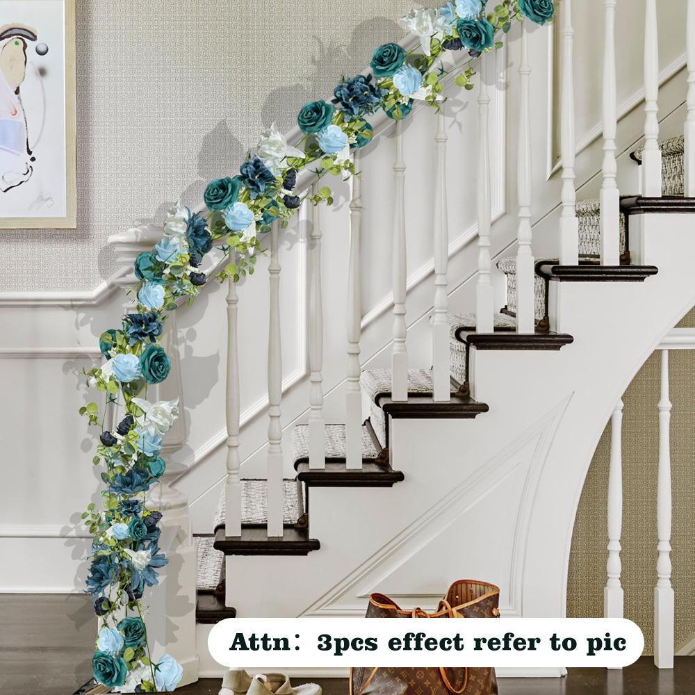 2m Künstliche Blumen Girlande, Blaue Dahlie Fake Ranken Eukalyptus Girlande mit Rose Pfingstrose Blumengirlanden für Hochzeit Tischmittelstücke Dekoration