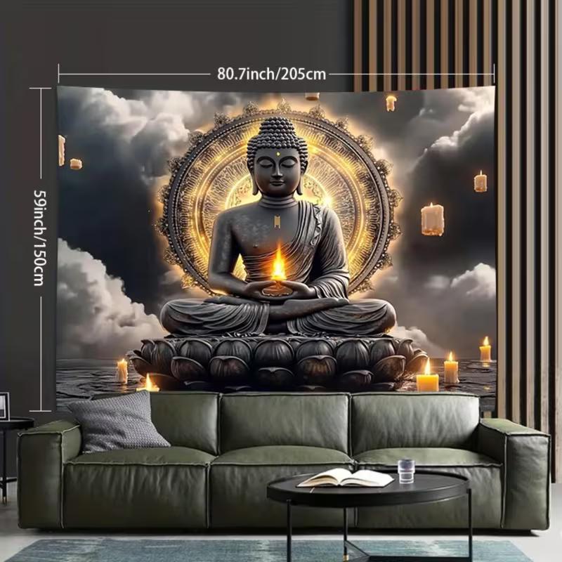 Arazzo Zen Rilassante 2D Buddha con Candele e Nuvole Decorazione Sfondo Casa