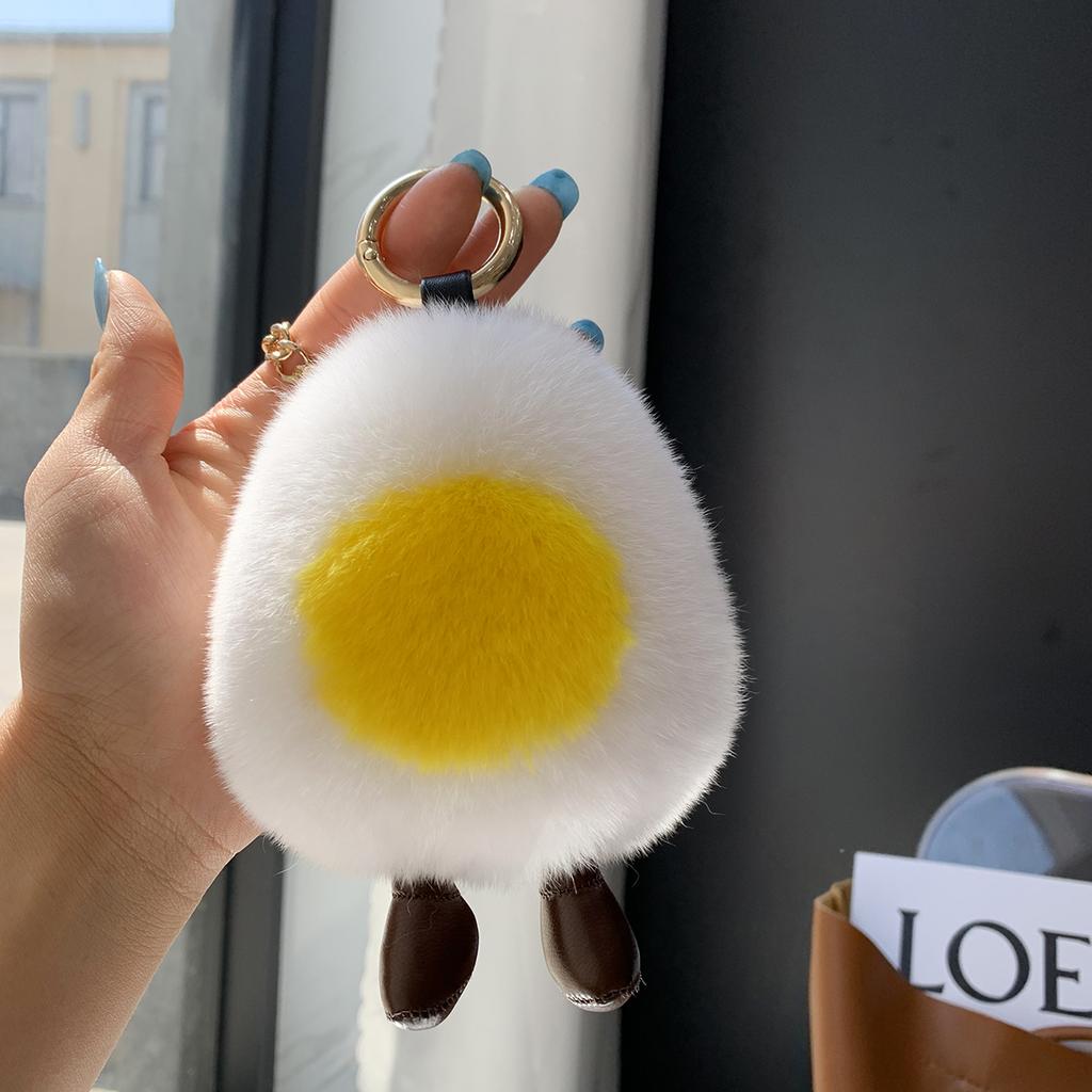 Plush Egg Doll Rex Rabbit Real Fur Ball Keychain Cute Toy Genuine Ornaments Women Handbag Pendant Car Key Metal Rings Trinkets