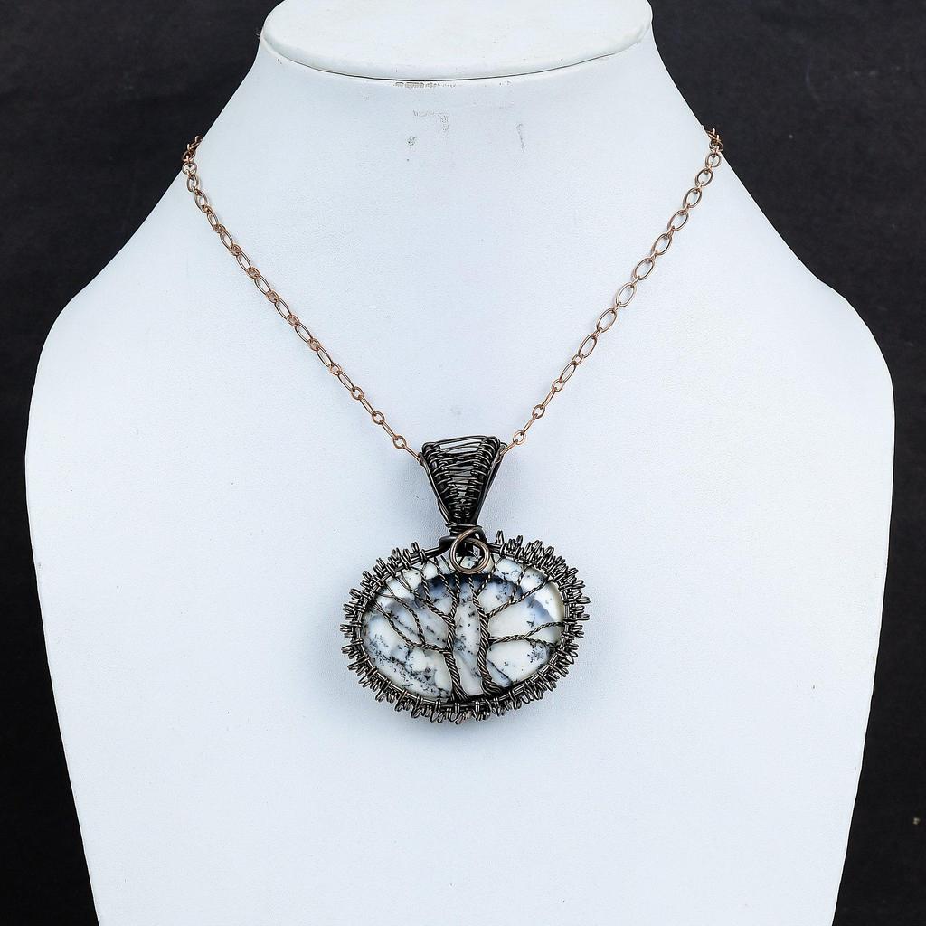 Tree Of Life Dendrite Opal Gemstone Handmade Copper Wire Wrap Pendant Jewelry For Sister