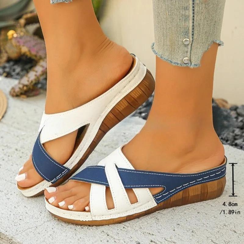 Fashion 2025 Summer New Color Blocked Fashion Women's Thick Bottom Slope Heel Slippers Outdoor Women's Sandals Summer Women Shoes