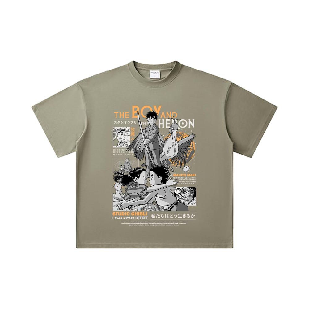 260 GSM Double Yarn 32 Count 100% Cotton Ghibli V3 The Boy The Heron Print Unisex Heavy Cotton T Shirt