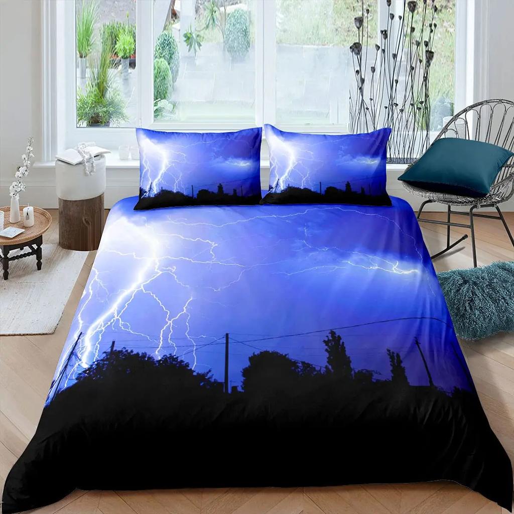 Lightning Duvet Cover Set Sea Wave Natural Disasters Sea Landscape Bedding Set Dark Clouds King Size Polyester Comforter Cover