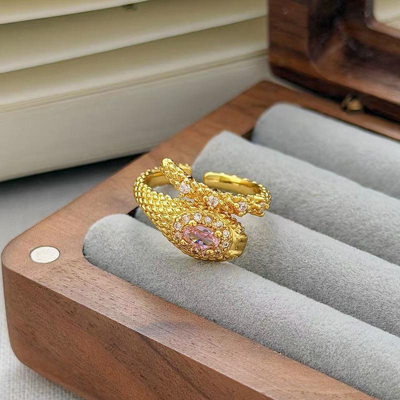 Medieval Vintage Pink Zircon Colored Treasure Open Ring Niche Light Luxury High Sense Stacked With Diamond Rings Woman