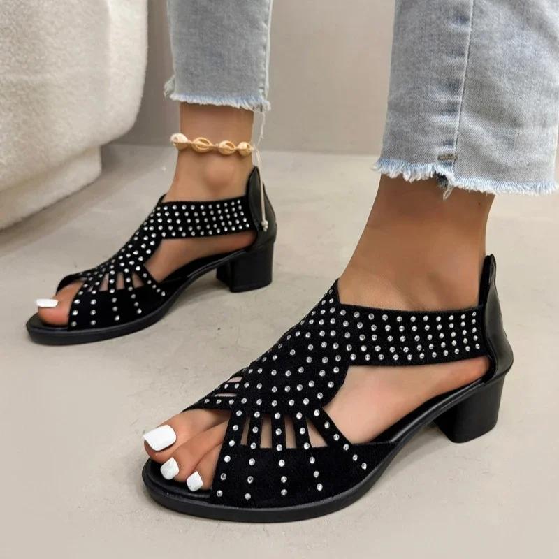 Ladies Shoes on Offer Summer Back Zipper Women's Sandals Fashion Crystal Office and Career Open Toe Best Seller Heeled Sandals