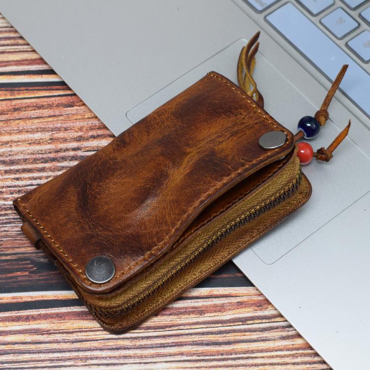 Piele de vacă tăbăcită vegetal spălată, Colorare manuală, Aspect uzat, Multifuncțional, Minimalist, Compartiment pentru permis de conducere, Geantă pentru chei, Trendy