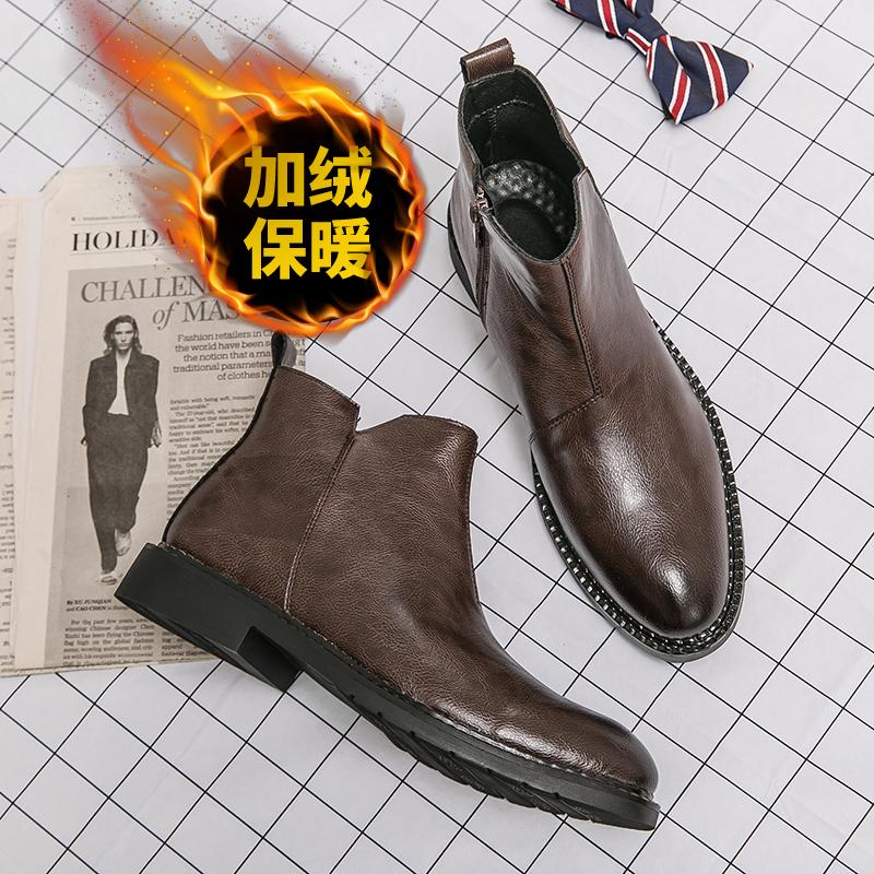 

Модные зимние теплые мужские повседневные ботинки челси из хлопка, кожаные ботильоны 2024 года, лаконичные короткие ботинки, классические деловые ботинки без застежек 46 коричневый