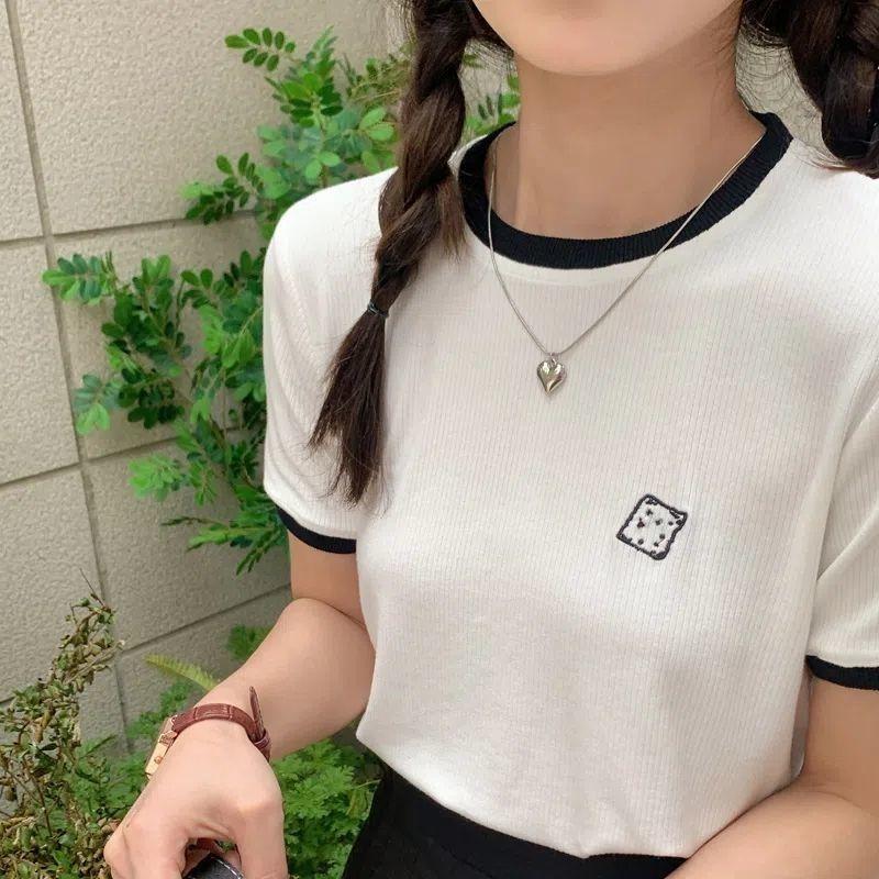 WTEMPO Branded Summer Women's Fashion Trend Clashing Trim Embroidered Short Sleeve T-shirt with Design Niche Round Neck Elasticated Tops