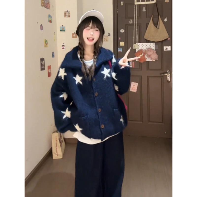 

Большого размера звезда милый мягкий восковой свитер куртка женская осень и зима толстая мм тонкая свободная ленивый ветер вязаный кардиган one size fits all тёмно-синий