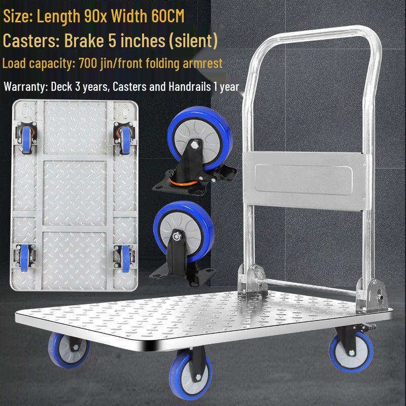 Lightweight Folding Flatbed Hand Truck - Silent, Thickened Steel Plate, 4-Wheel Trolley for Household Use