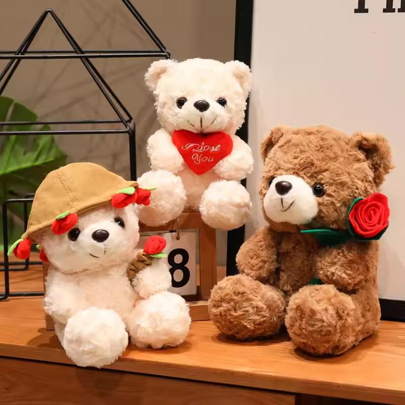 15Cm Kawaii Cartoon Anime Love Rose Hat Bear Stuffed Animal Plush Toy Children'S Couple Bear Handmade Doll Festival Gift