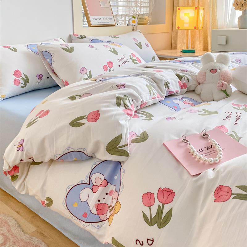 Washed Cotton 4Pcs Dormitory Small Fresh Naked Sleeping 3Pcs Double-Layer Yarn Bed Sheet Quilt Cover