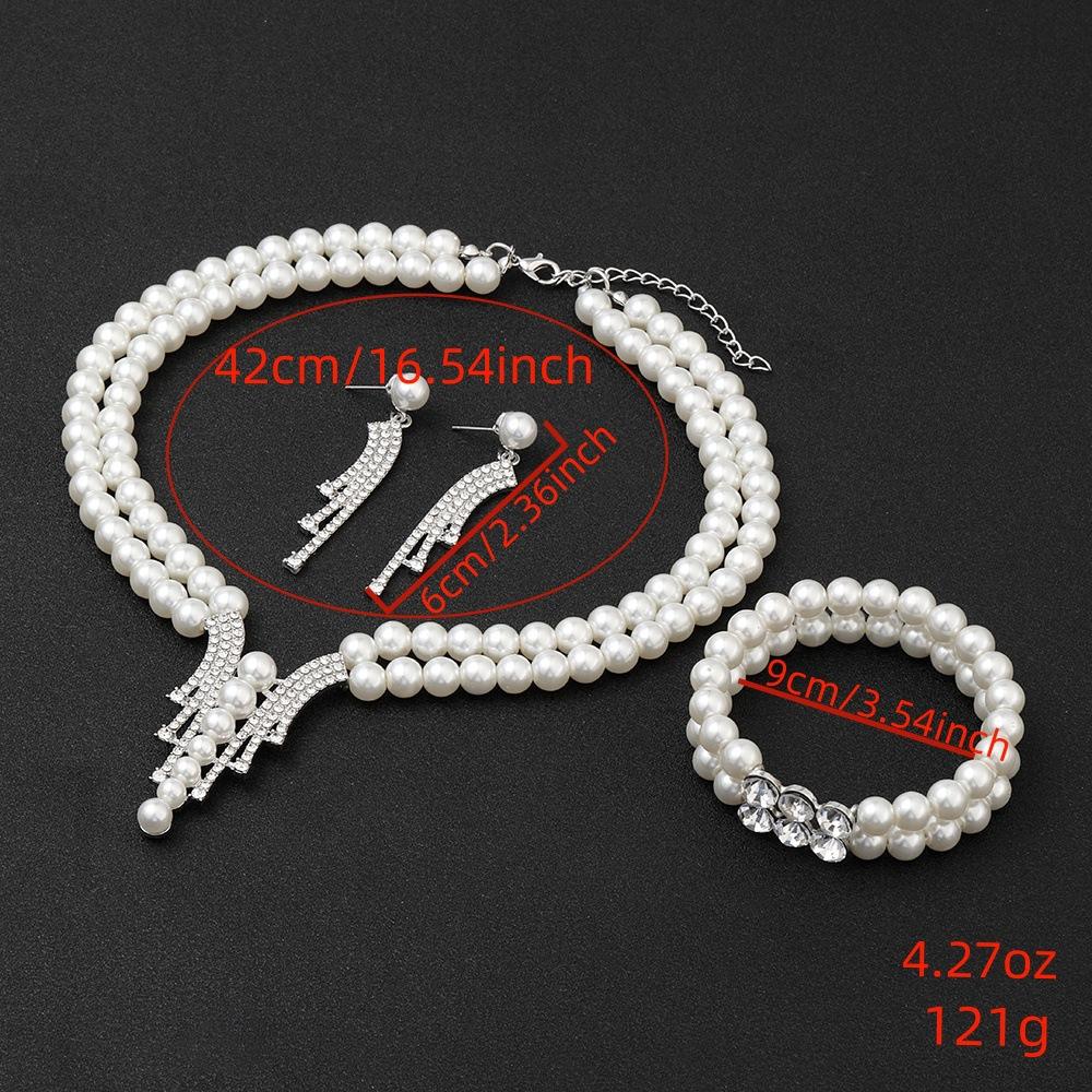 Perlekrystall halskjede, øredobber, armbånd, sett i tre deler, tilbehør til bryllupsbankettkjole, smykkesett.