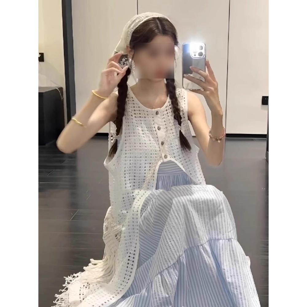 

Французский ажурный трикотажный кардиган без рукавов для женщин – Летний, Длиной до колена, Универсальный, Дизайн средней длины с разрезом M (90-100 jin)