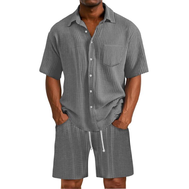 Mens Casual Solid Color Textured Shirt Shorts Two Piece Set
